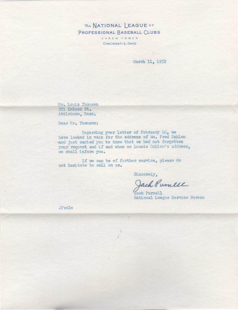 The National League Service Bureau responds to a collector seeking Bill Dahlen's address 