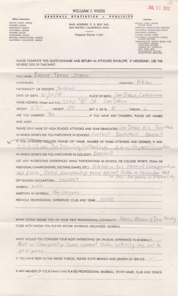 William Weiss Baseball Publicity questionnaire filled out by Brent Strom