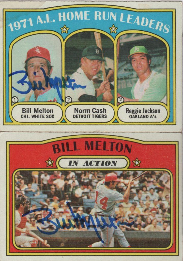 Bill Melton signed homer leader card and In Action card