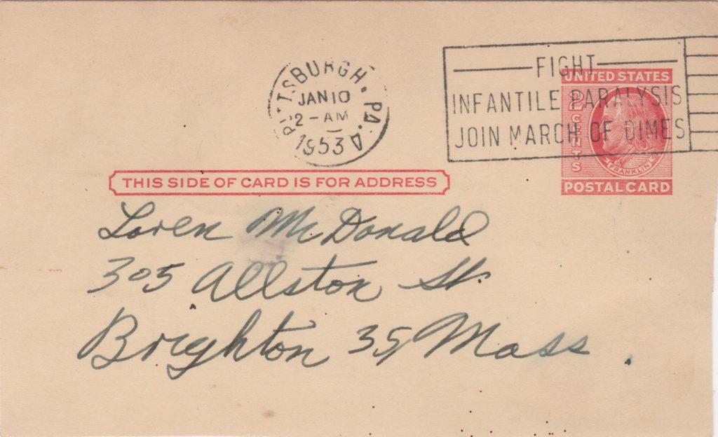 Cooper dropped this postcard in the mail in Pittsburgh on January 10, 1953