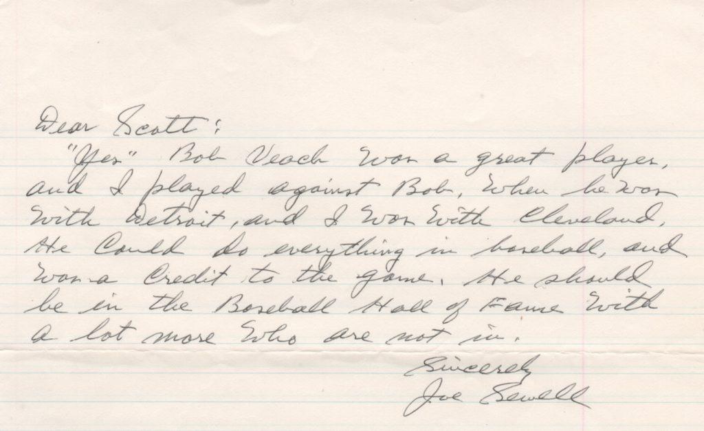 Joe Sewell believes AL mate Bobby Veach belongs in the Hall of Fame
