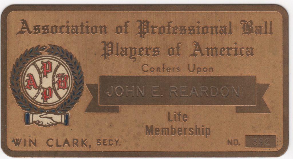 Beans Reardon's Association of Professional Ball Players of America Lifetime Pass