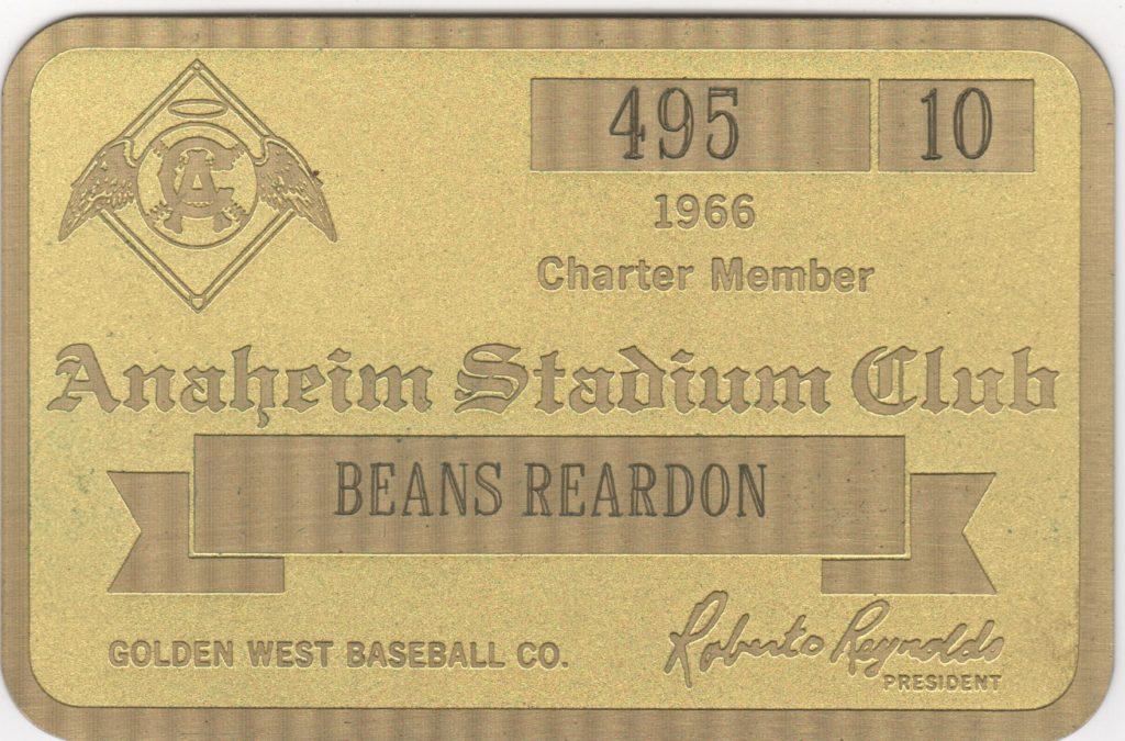 Beans Reardon was a charter member of the Anaheim Stadium Club in 1966; here's his pass