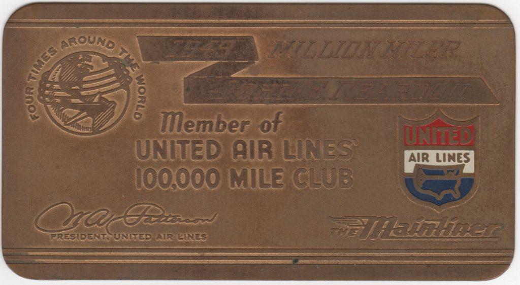 United Air Lines Million Miler membership card issued to Beans Reardon in 1949