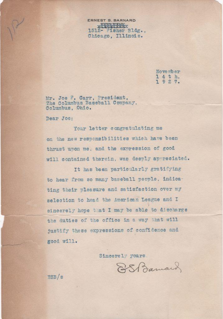 Former Indians GM, and AL president Ernest Barnard was elected to the Honor Rolls of Baseball in 1946