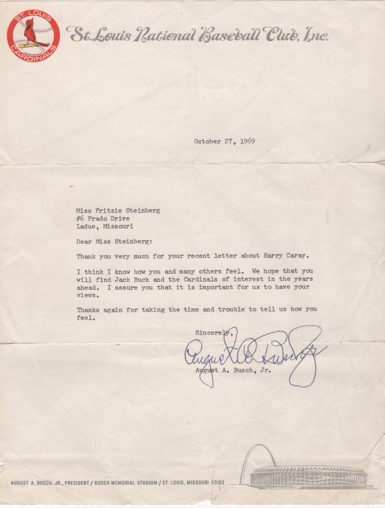 Gussie Busch fired Harry Caray after rumored affair with his daughter-in-law; three weeks later he wrote this letter