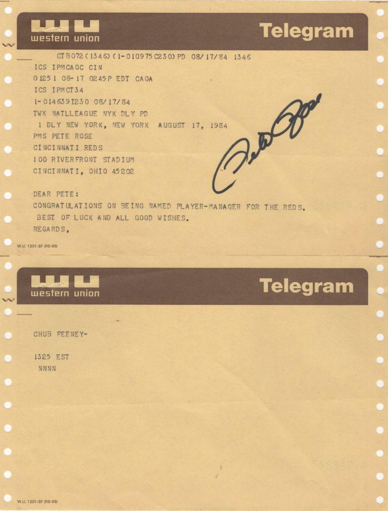 As National League President, Chub Feeney congratulated many NL players; here's a telegram to Pete Rose