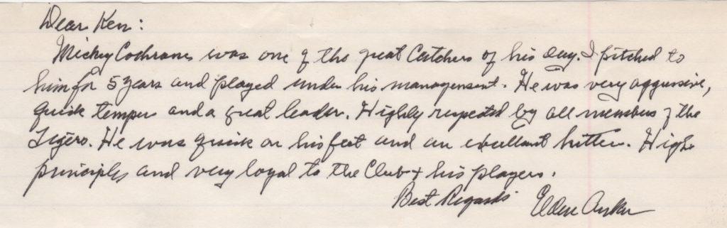 Elden Auker writes about his catcher and manager Mickey Cochrane