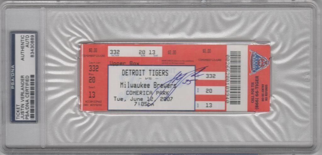 Justin Verlander signed ticket to his 2007 no hitter; Dale Scott was the crew chief