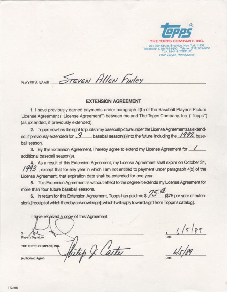 Steve Finley signs his first Topps contract extension two months after his MLB debut in 1989