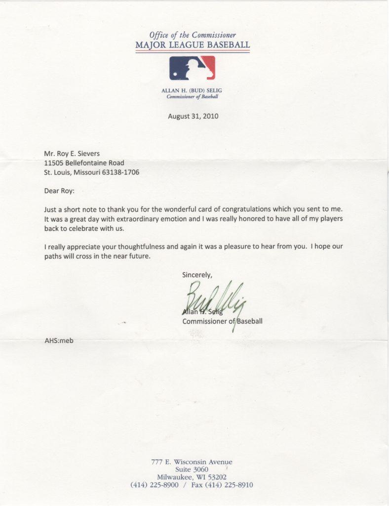 Another letter to Roy Sievers from the commissioner seven days after Selig statue unveiling