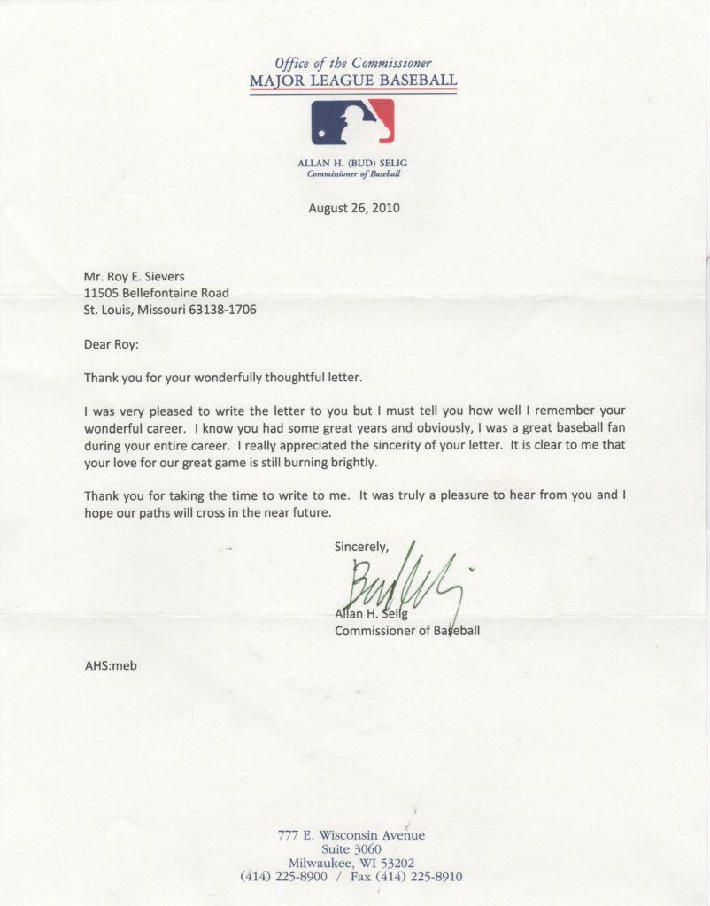 Two days after the unveiling of Bud Selig's statue outside of Miller Park, Selig writes to Roy Sievers