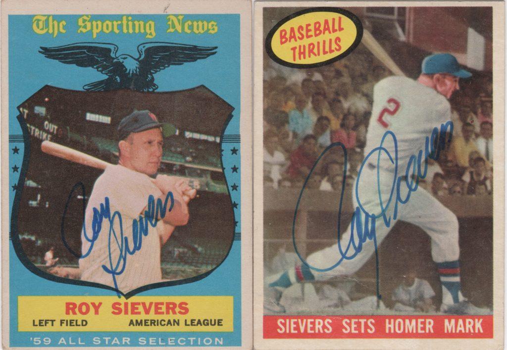 Two memorable Topps cards from 1959 autographed by Roy Sievers