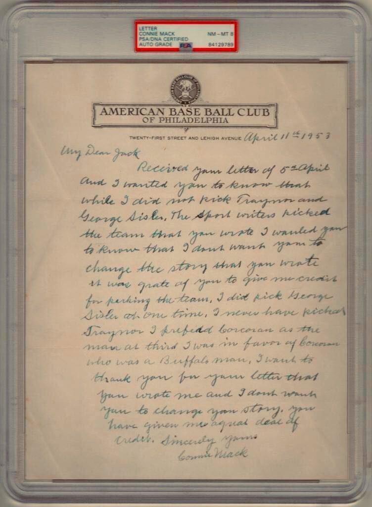 Connie Mack handwritten letter to Lang mentions the game's greatest players