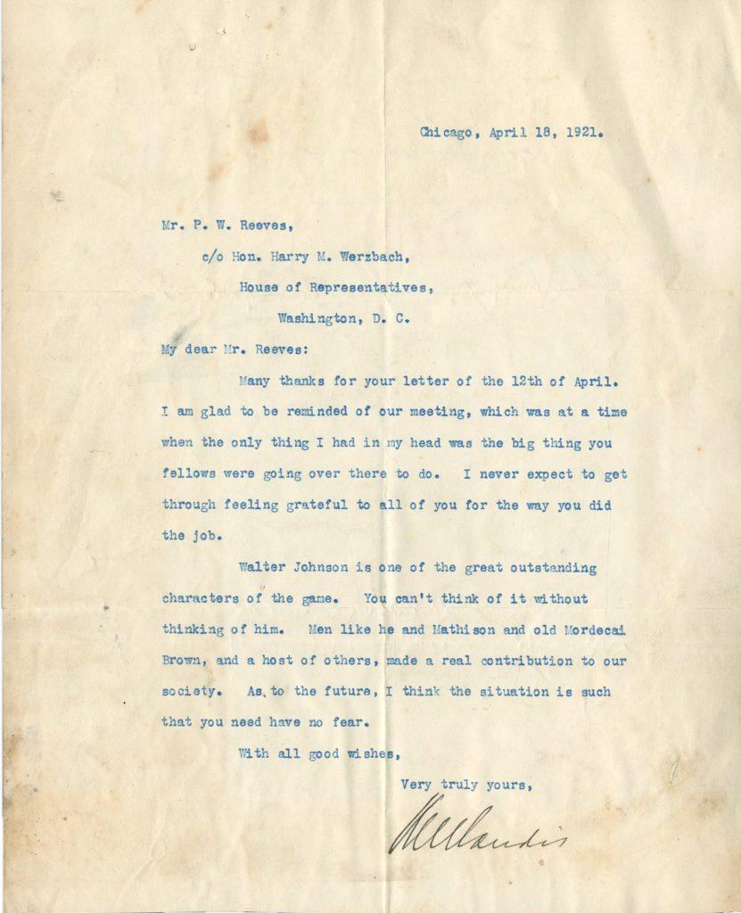 Judge Landis writes about Walter Johnson, Christy Mathewson, and Mordecai Brown