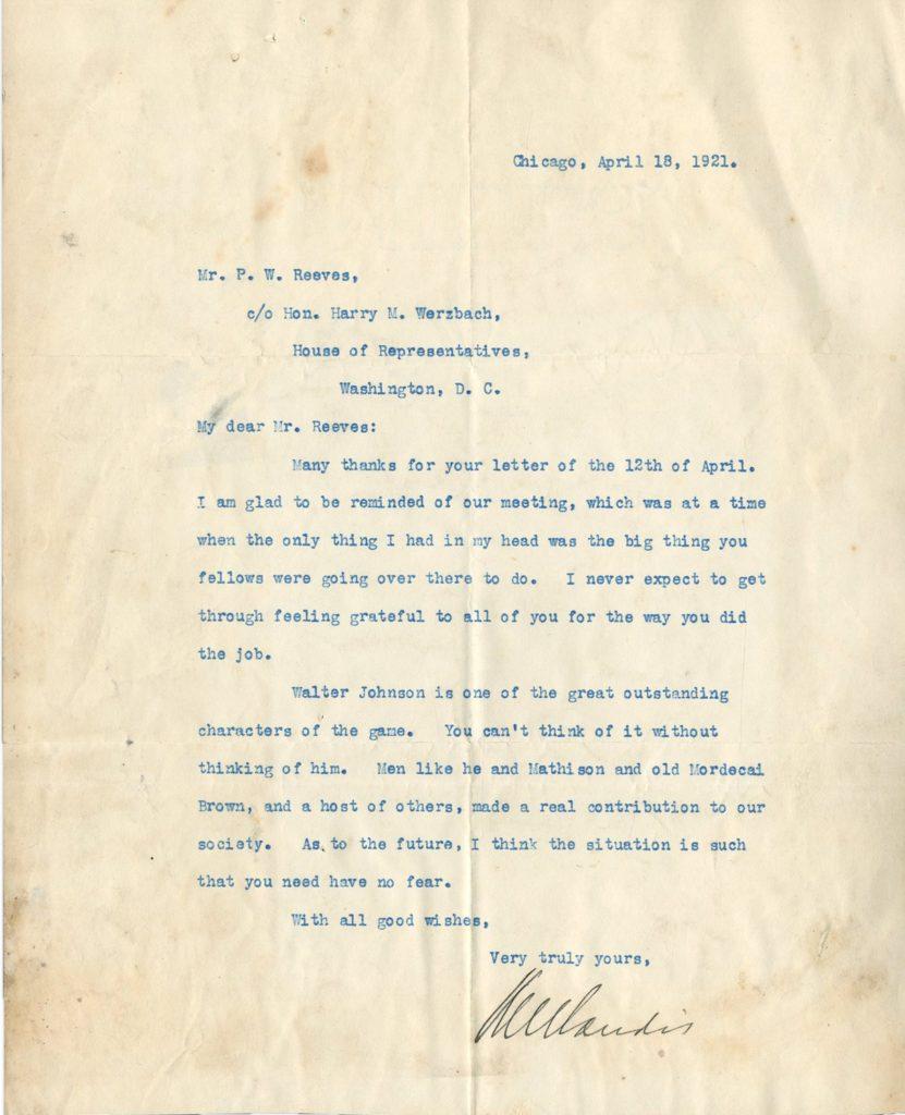 Judge Landis writes about Walter Johnson, Christy Mathewson, and Mordecai Brown