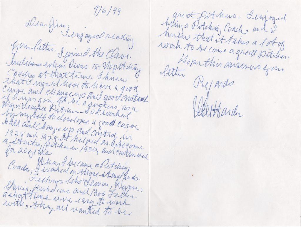 Handwritten letter detailing Mel Harder's role as the Indians pitching coach - the first in MLB history