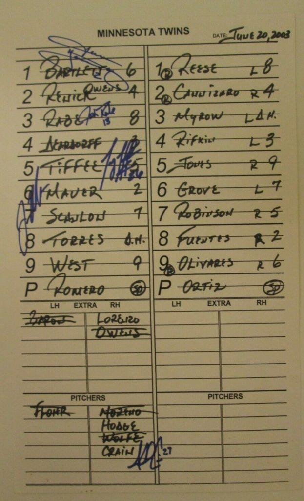 Lineup card signed by Joe Mauer as a minor leaguer