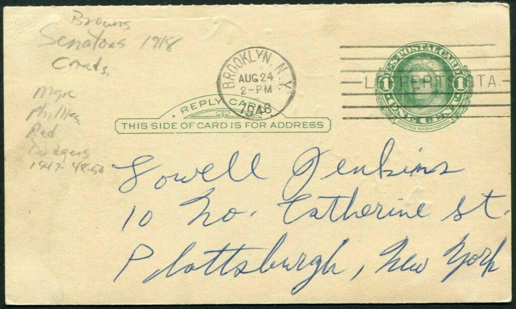 Reverse of card with Burt Shotton's signature - with 8/24/48 Brooklyn postmark 