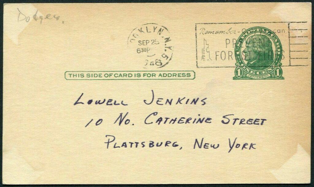 The postmark shows that 21-year old Carl Erskine mailed this in his rookie season