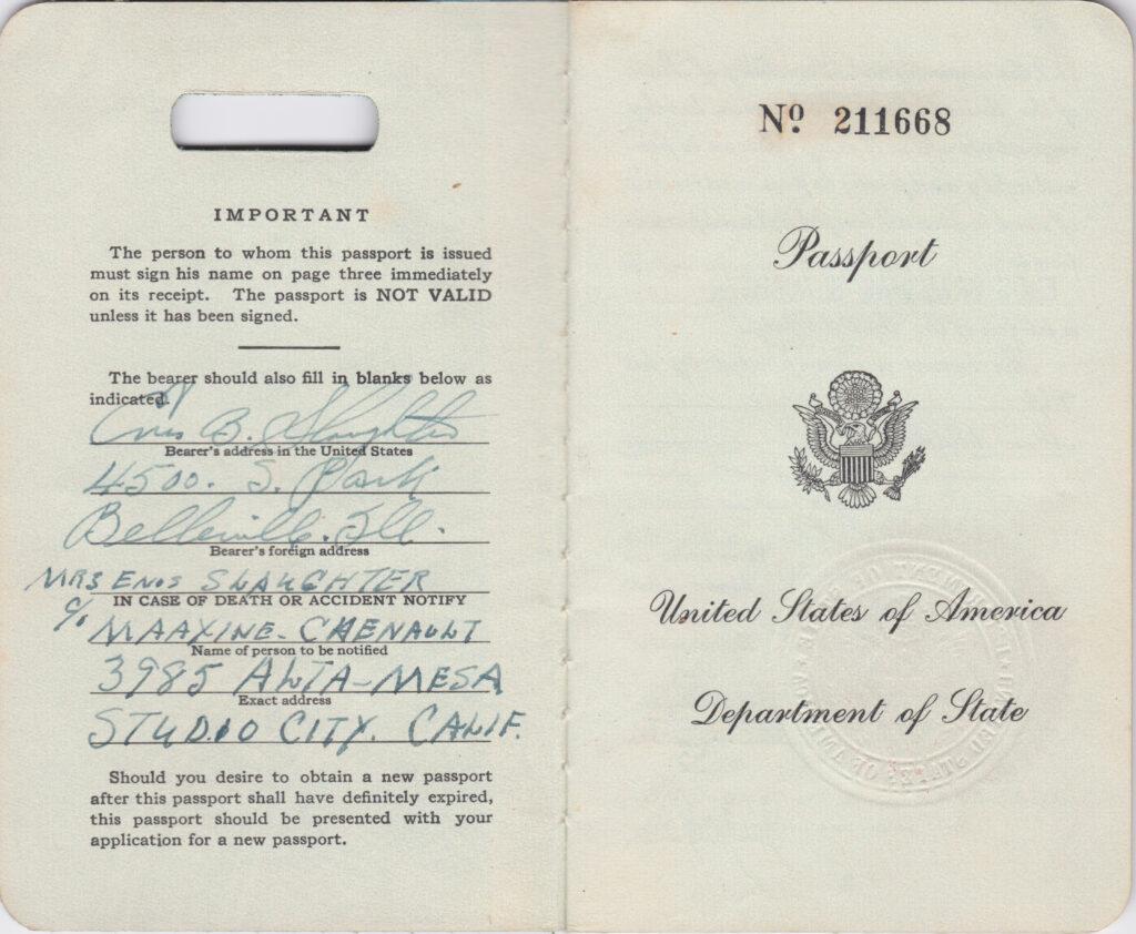 First two pages inside Enos Slaughter's first passport