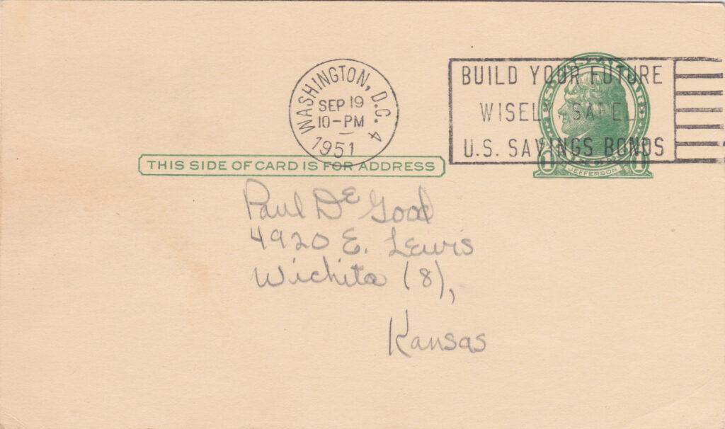 Reverse of Frank Saucier signed govnerment postcard with US postmark from September 19, 1951