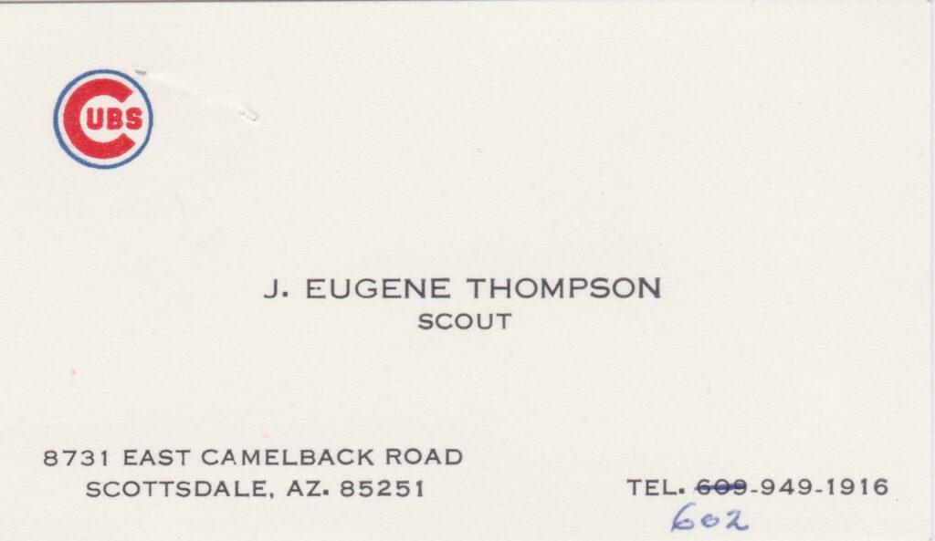 Gene Thompson's business card while scouting for the Chicago Cubs