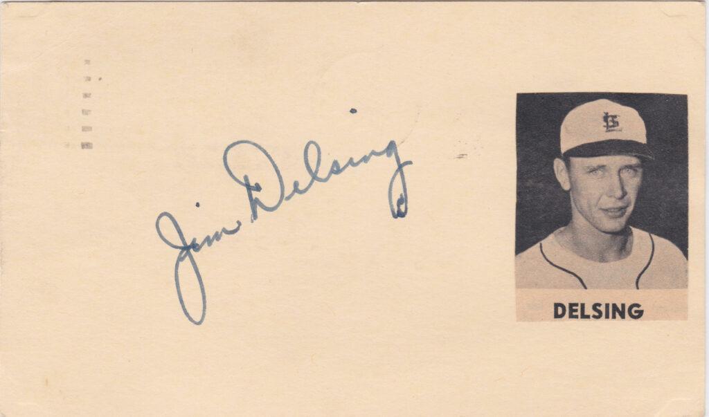 Government postcard signed by Jim Delsing three months before he pinch-runs for Eddie Gaedel in 1951