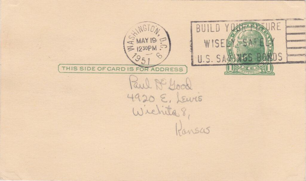 Reverse of Jim Delsing signed government postcard with US Postal postmark on May 19, 1951