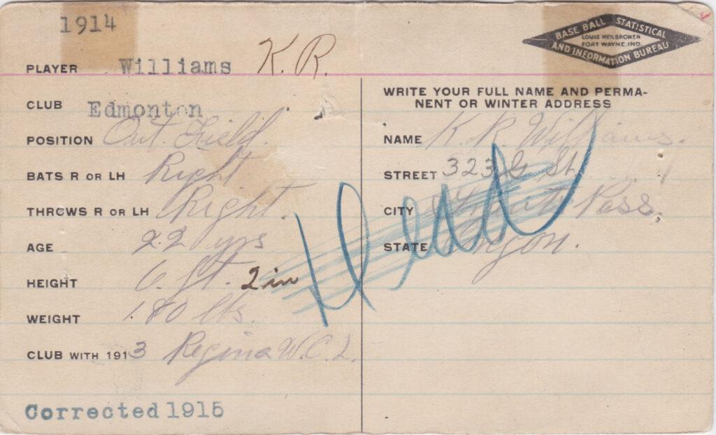 Heilbroner Baseball Bureau information card filled out & signed by Williams in 1914 before his MLB debut