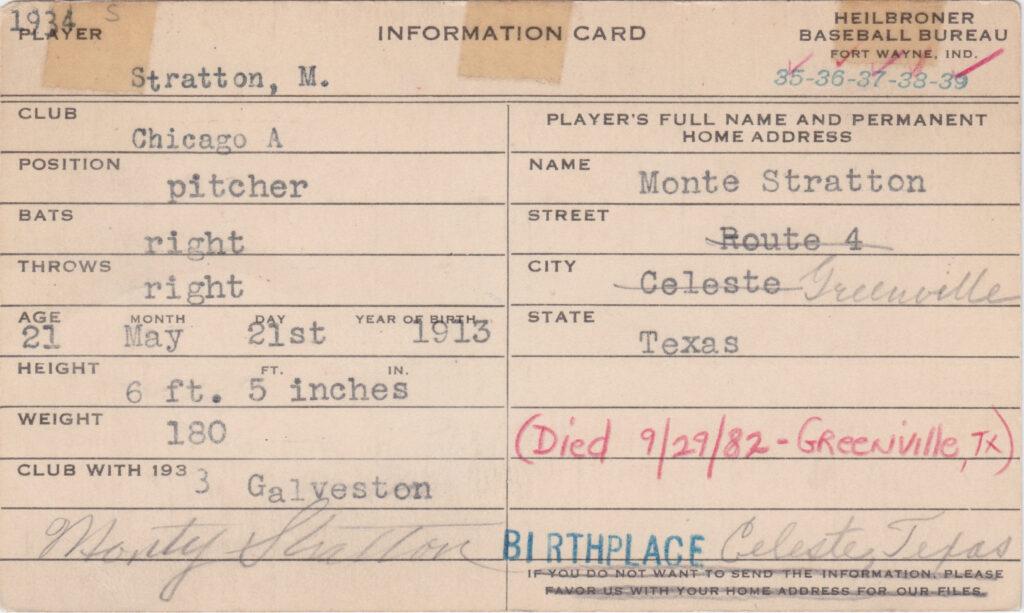 Heilbroner Baseball Bureau information card filled out and signed by Monty Stratton before his MLB debut