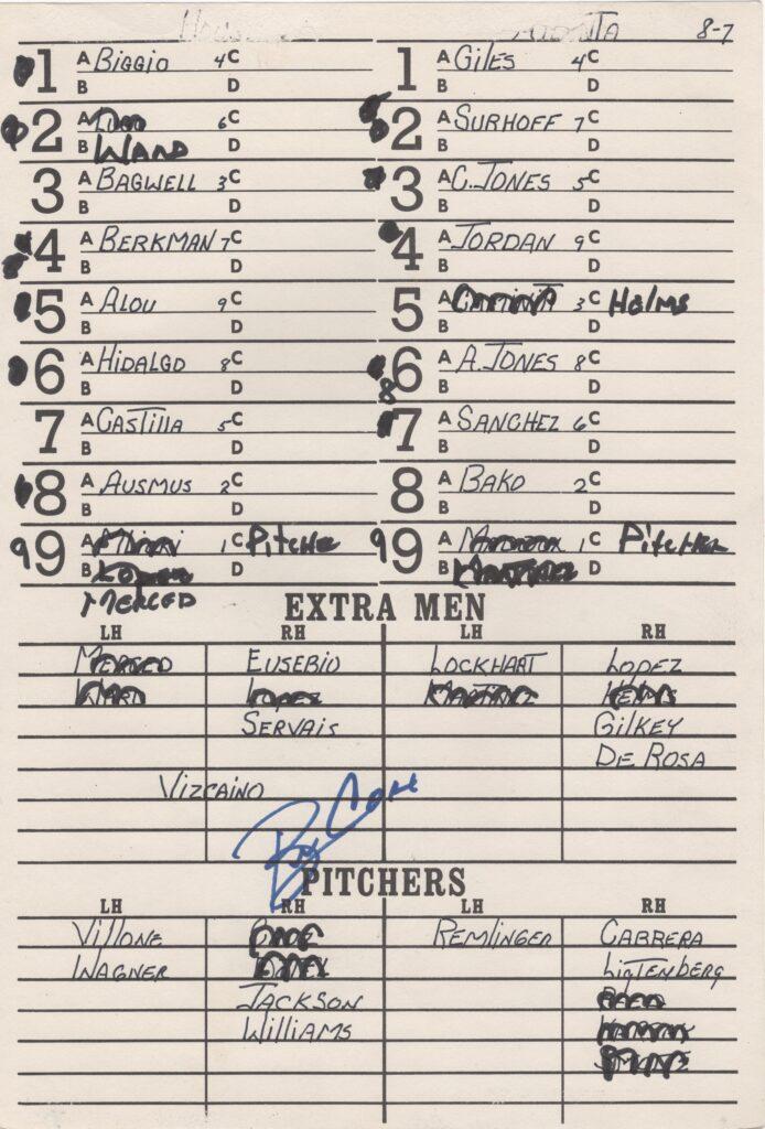 Greg Maddux surpassed Christy Mathewson's 88-year old NL record; here's Bobby Cox's lineup card from the dugout