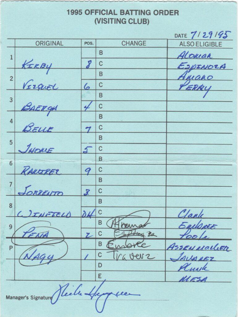 Lineup card from 7/29/1995 - Vizquel turns two of his MLB-record 1,734 career double plays in his 812th big league game