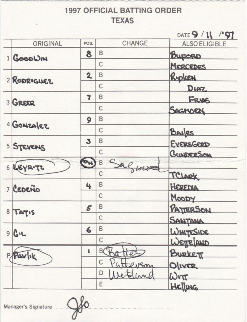 Ivan Rodriguez had one 3-homer game in his career; here's the lineup card from that contest