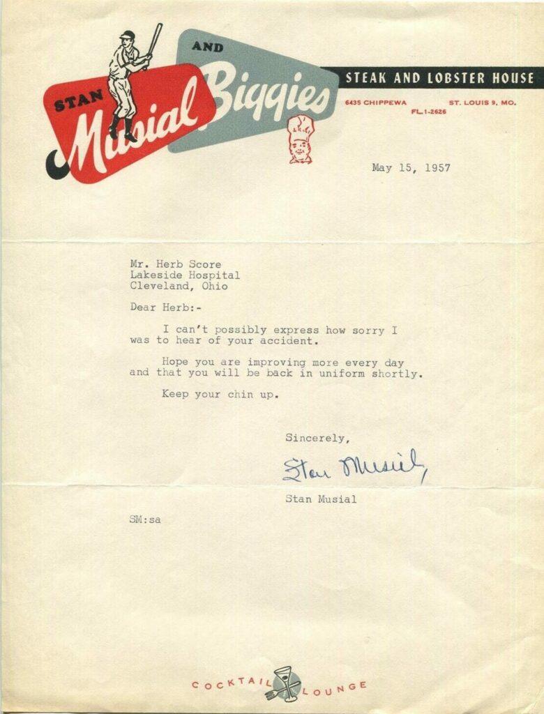 Stan Musial wrote a get well letter to Herb Score just eight days after the hurler is hit by the comebacker