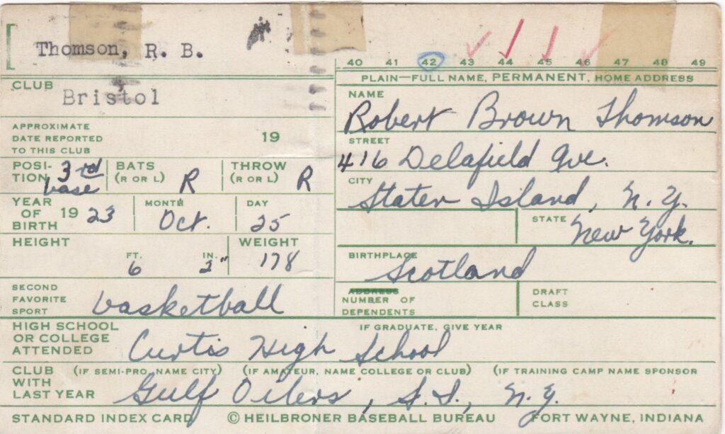 Heilbroner Baseball Bureau information card filled out and signed by Bobby Thomson four years before MLB debut
