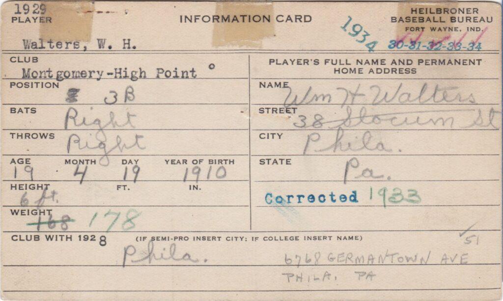 Former MVP Bucky Walters was a teenager when he filled out this card