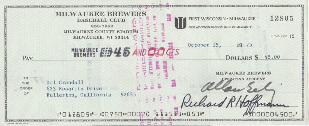 Bud Selig fired Del Crandall as Brewers manager on 9/27/75; here's Crandall's last Milwaukee payroll check on the 10/15/75