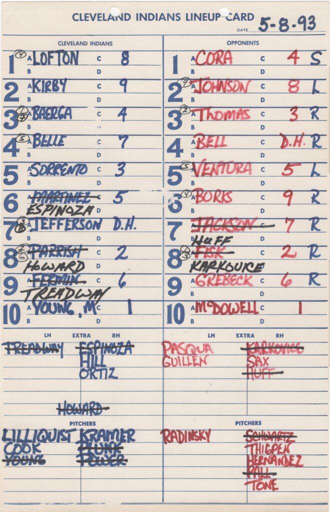 Dugout lineup card from Carlton Fisk’s final MLB ejection