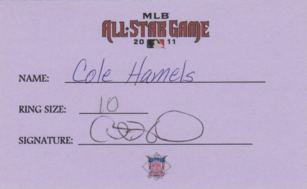 Cole Hamels signs for the second All Star ring of his career in 2011
