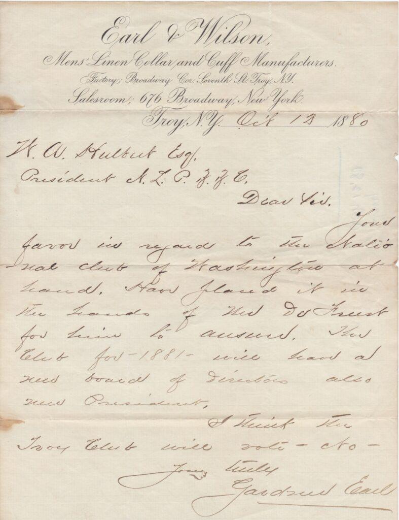 Buck Ewing's MLB debut came in 1880 with the Troy Trojans; here’s a letter from team owner Gardner Earl to HoFer William Hulbert