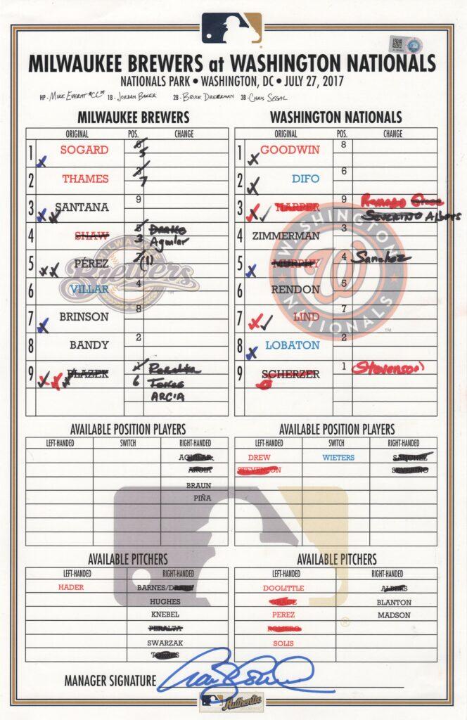 Bryce Harper's longest hitting streak is 19 games - here's the dugout lineup card from the 19th contest