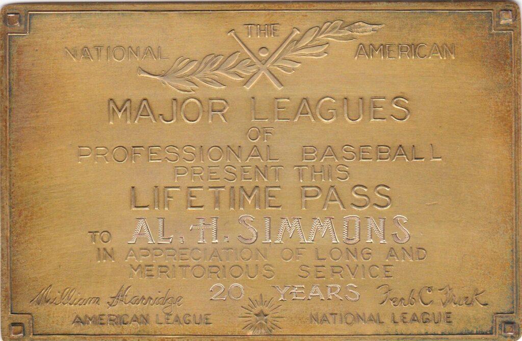 Al Simmons received a solid gold lifetime pass by virtue of his 20-year big league career