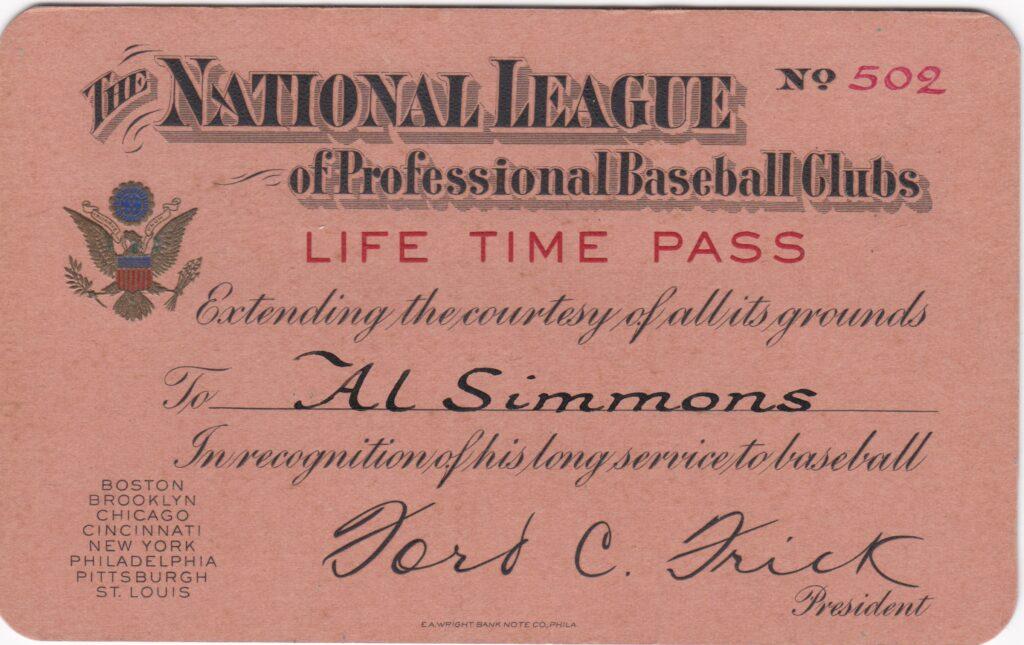 Al Simmons finished with 2,927 hits, 1,828 RBI and a .334 average; here's his paper lifetime pass