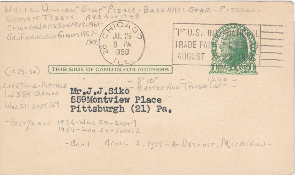 Pierce's White Sox played the Yankees the day this was mailed