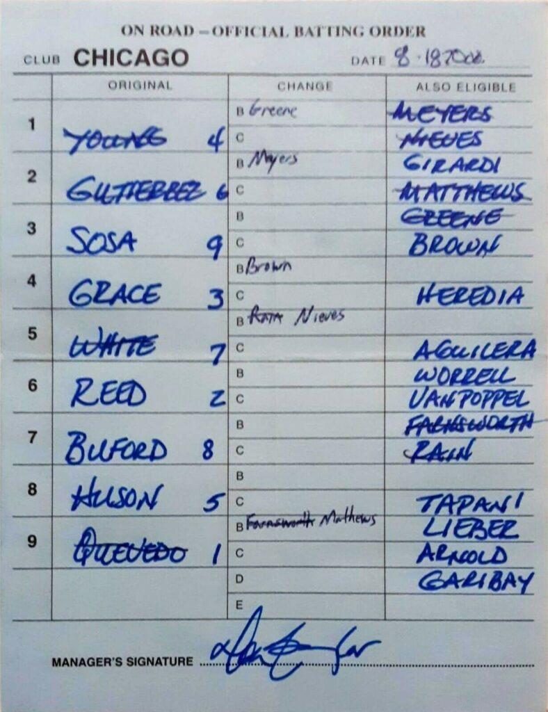 Lineup card signed by Cubs skipper Don Baylor when Sammy Sosa tied Carlton Fisk on the All Time homer list.