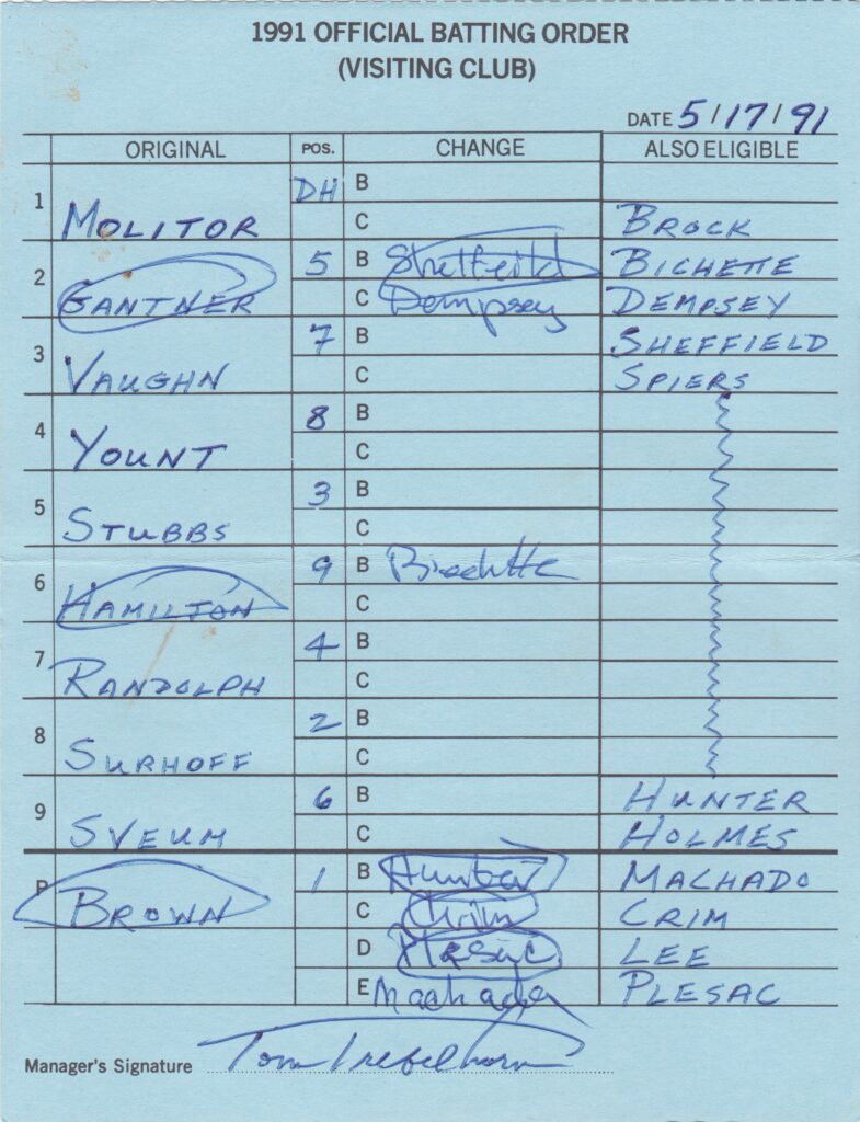 This is the manager's lineup card the night Yount tied Babe Ruth on the all-time doubles list