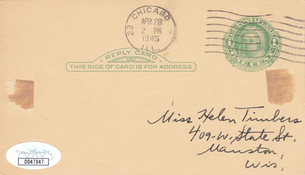 Stanley Hack dropped this postcard in the mail on April 28, 1945