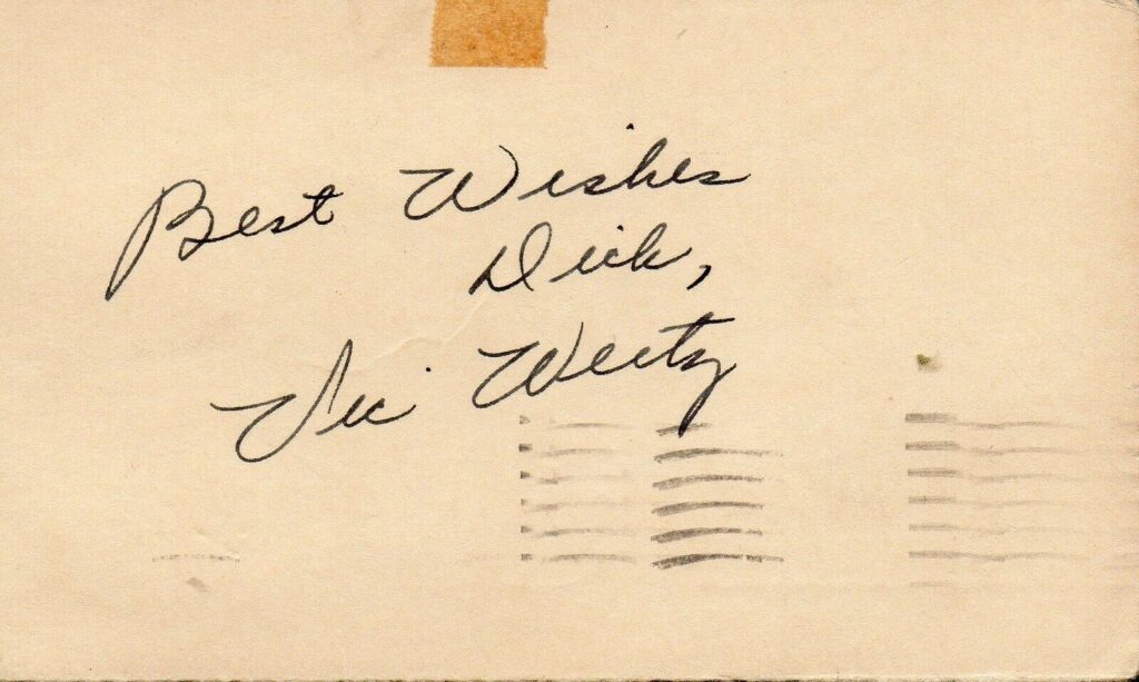 Vic Wertz signed this card on July 27, 1951 before a game against Connie Mack's Philadelphia Athletics