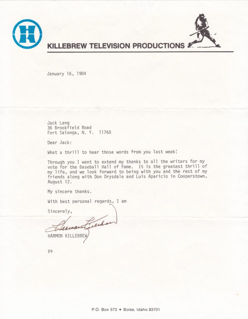 Jack Lang of the BBWAA informed Killebrew of his election to Cooperstown